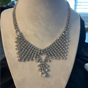 Crystal Statement Bib Necklace – Glam Bridal / Formal Rhinestone Fringe Necklace